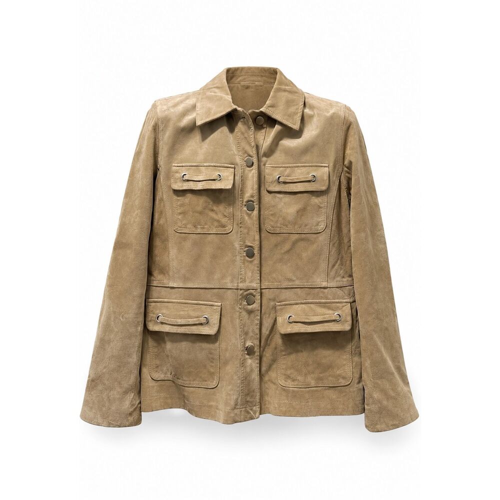 Genuine Suede Leather Jacket Tan Utility Safari Coat Boho Western Womens Medium